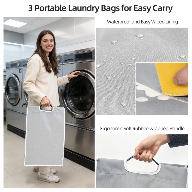 ROMOON Laundry Sorter, 3 Section Heavy Duty Laundry Hamper with Wheels and Removable Liners, Space-Saving Organizer for Laundry Room, Apartment, Dorm, Closet Storage (Gray) - Image 5